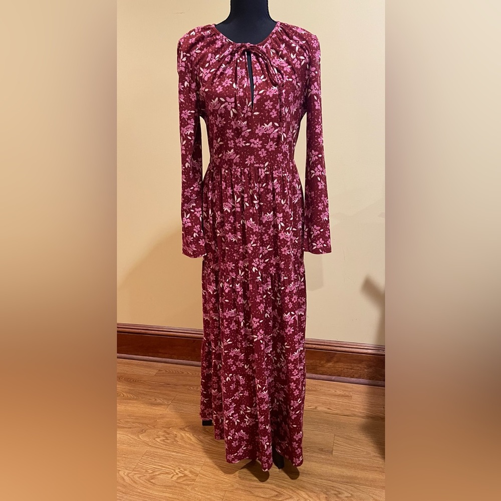 Free People “Tiers of Joy” Burgundy and Pink Floral Long Sleeve Maxi Dress